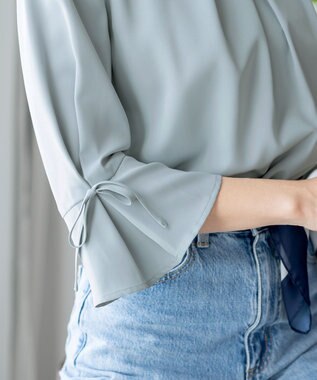 Tiaclasse 【洗える】リボン付きタックフレア袖ブラウス ミント