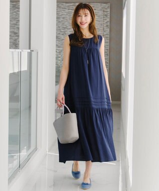 Tiaclasse 【洗える】ピンタックロングワンピース ネイビー