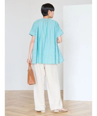 AMERICAN HOLIC 接触冷感フレンチスリーブ切り替えフレアブラウス Stripe Green