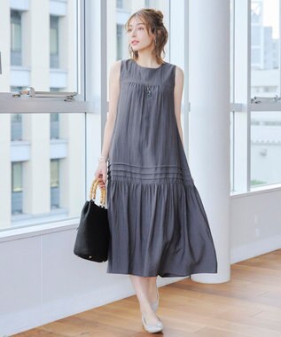 Tiaclasse 【洗える】ピンタックロングワンピース チャコールグレー