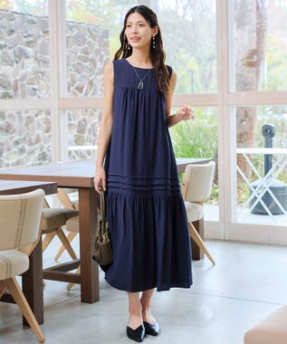 Tiaclasse 【洗える】ピンタックロングワンピース ネイビー