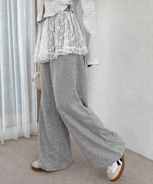 WEGO 【ウエストゴム】レースレイヤードスウェットパンツ 杢グレー