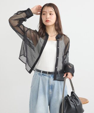 earth music&ecology メッシュストライプショートシャツ Sax