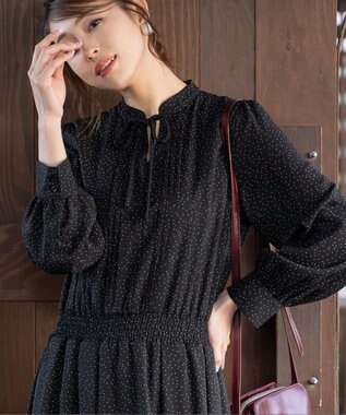 Tiaclasse 【洗える】細リボンギャザーワンピース ブラックドット