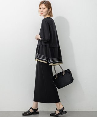 23区 【汗じみ防止加工】スカーフプリントコンビ ヘムデザイン チュニック ブラック×ベージュ