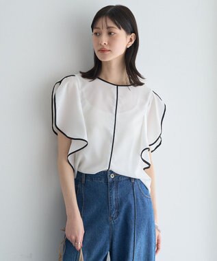 YECCA VECCA 配色ラッフルスリーブブラウス