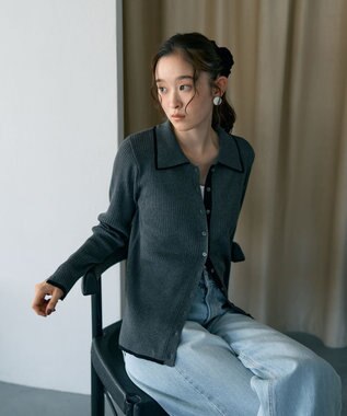 earth music&ecology バイカラートリムロングニットカーディガン Charcoal Gray