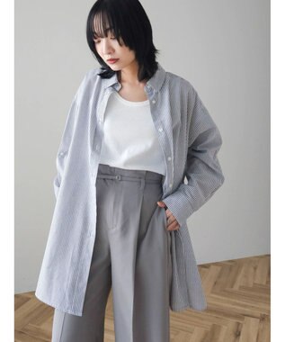 Green Parks 綿麻混タブ付オーバーサイズシャツチュニック Stripe Black