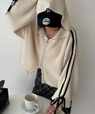 WEGO ラインリボンダブルジップニットパーカー ホワイトアイボリー