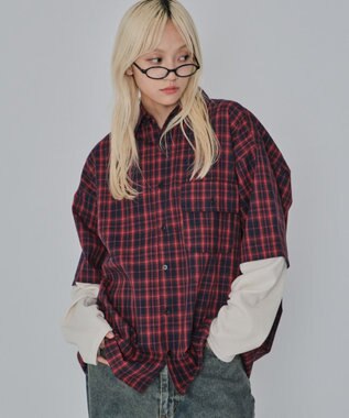 WEGO 【ユニセックス着用ITEM/MLサイズ展開】チェックレイヤードシャツ（LS） レッドチェック1