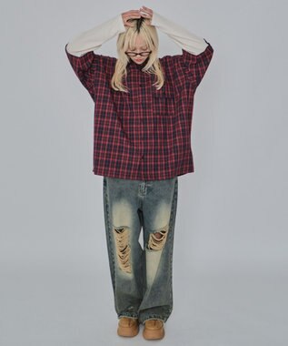 WEGO 【ユニセックス着用ITEM/MLサイズ展開】チェックレイヤードシャツ（LS） レッドチェック1