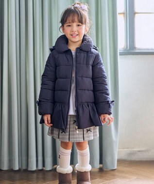 ANY KIDS 【フード取り外し/洗濯機可能】中綿フリル リボンコート ネイビー
