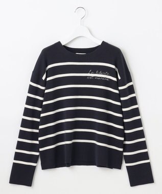 自由区 S 【洗える】コットンウールハイゲージボーダー ニット ネイビー×オフ