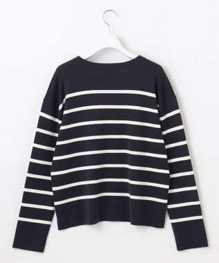 自由区 L 【洗える】コットンウールハイゲージボーダー ニット ネイビー×オフ