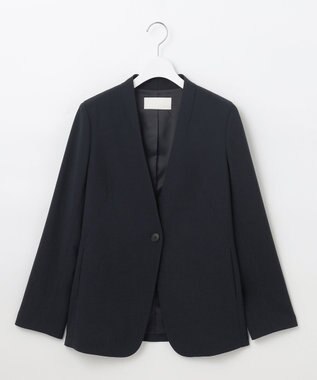 自由区 【セットアップ対応・洗える】ウールブレンドセットアップノーカラー ジャケット ネイビー系