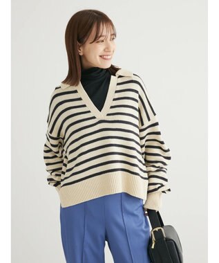 Green Parks キーネックボーダープルオーバー Off White