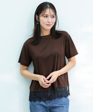 ANY SIS L 裾レース半袖Ｔシャツ ブラウン×ブラック