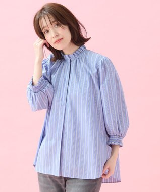 ANY L 【接触冷感/UVカット/抗菌防臭/速乾】エニイファンクション シャーリングブラウス ブルーランダムストライプ