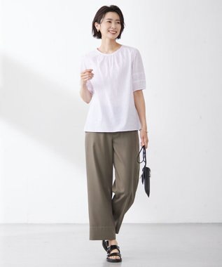 J.PRESS LADIES 【洗える】BEZ空羽ストライプ クルーネック ブラウス ピンク系1