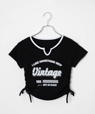 WEGO 配色サイドギャザーVネックT ブラック