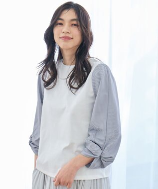 ANY 【洗濯機可/UVケア/アンチピリング】布帛ねじり袖コンビプルオーバー ホワイト×ストライプ