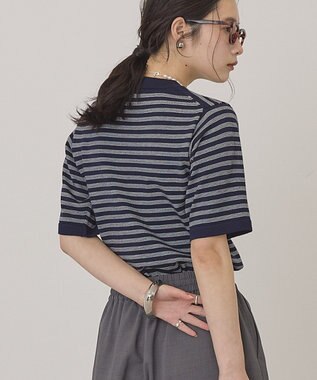 AMERICAN HOLIC ボーダーハーフスリーブニットプルオーバー Navy