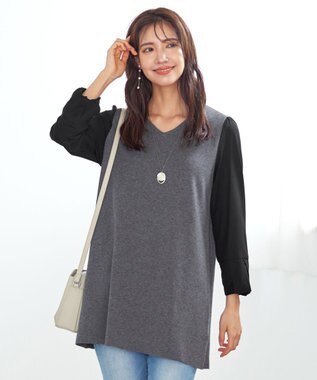 Tiaclasse 【洗える】タック袖コンビニットチュニック チャコールグレー