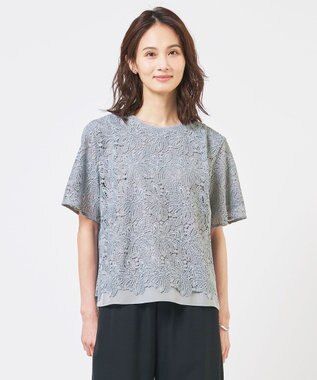 J.PRESS LADIES レースコンビジャージー カットソー グレイッシュブルー系