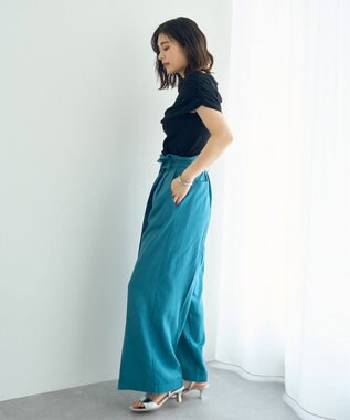 YECCA VECCA ベルテッドリネン混ワイドパンツ Blue Green