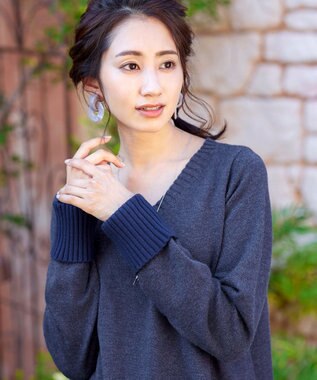 Tiaclasse L 【洗える】幅広く活躍が期待できるVネックリブニットチュニック ネイビー×ネイビー