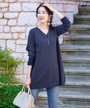 Tiaclasse L 【洗える】幅広く活躍が期待できるVネックリブニットチュニック ネイビー×ネイビー