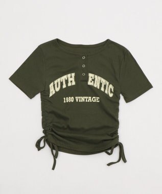 WEGO サイドギャザーヘンリーネックロゴT カーキ