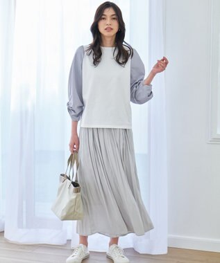 ANY 【洗濯機可/UVケア/アンチピリング】布帛ねじり袖コンビプルオーバー ホワイト×ストライプ