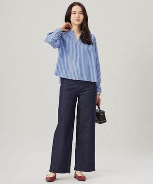 自由区 【洗える】SOMELOSクロップド丈 ブラウス ラメブルーストライプ