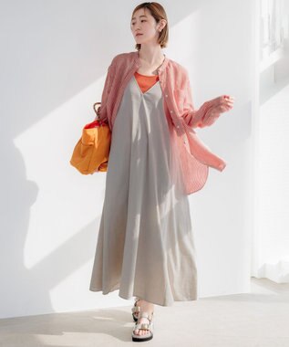 23区 【洗える】LIBECO バンドカラー シャツ オレンジストライプ