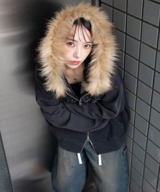 WEGO 裏起毛ファーフードBIGZIPパーカー スミクロ