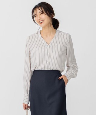 23区 S バックサテンアムンゼン ストライプ プリント ブラウス ベージュストライプ