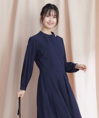 Tiaclasse 【洗える】ハイネックピンタックワンピース ネイビー
