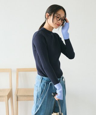 CRAFT STANDARD BOUTIQUE 洗える/とてもち配色モックネックリブニットプルオーバー/24AW Navy