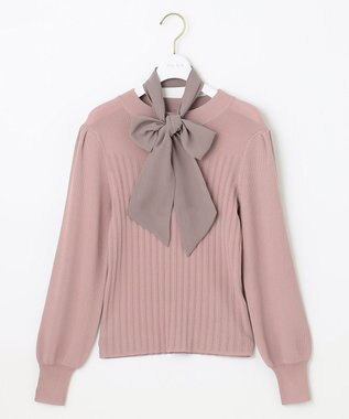 ANY SIS 【2WAY】リボン付き パフスリーブリブ ニット スモーキーピンク