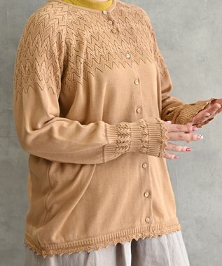 muuc 〈コットン100%強撚糸〉〈通気性が高いドライタッチな素材〉肩周り透かし編み・袖口レース編み コットンカーディガン L.BRN  ライトブラウン