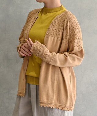 muuc 〈コットン100%強撚糸〉〈通気性が高いドライタッチな素材〉肩周り透かし編み・袖口レース編み コットンカーディガン L.BRN  ライトブラウン