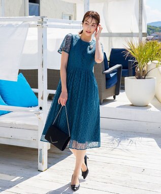 Tiaclasse L 【洗える】フレアスリーブ総レースワンピース ターコイズ