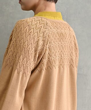 muuc 〈コットン100%強撚糸〉〈通気性が高いドライタッチな素材〉肩周り透かし編み・袖口レース編み コットンカーディガン L.BRN  ライトブラウン