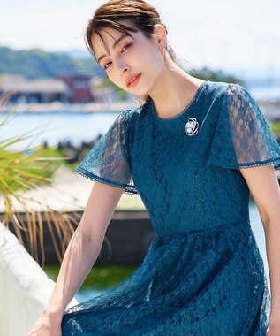 Tiaclasse L 【洗える】フレアスリーブ総レースワンピース ターコイズ