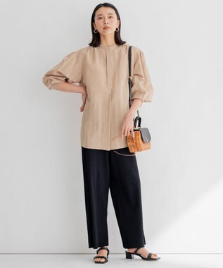 23区 【洗える】カラミストライプ ヘンリーネック ブラウス キャメル系