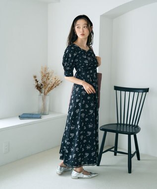 earth music&ecology レース切替フラワーロングワンピース Black