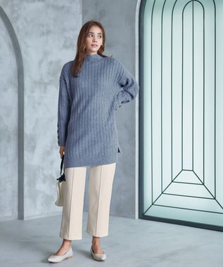 Tiaclasse L 【洗える】袖ボタンメランジニットチュニック ブルー