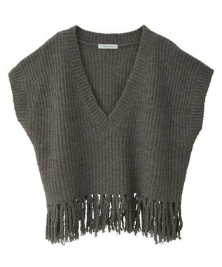 AMERICAN HOLIC 裾フリンジニットショートベスト Gray Beige