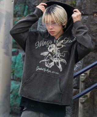 WEGO 【ユニセックス着用ITEM】ヴィンテージグラフィックキーネックプルパーカー ブラックその他